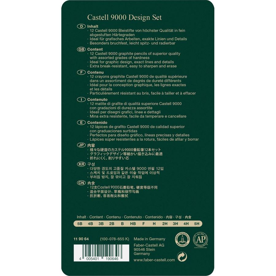 Faber-Castell - Juego de Diseño con 12 lápices Castell 9000, 5B-5H